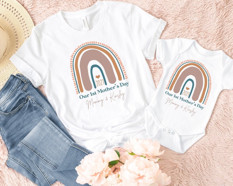 Our First Mothers Day Shirts, Mother's Day Matching Outfit, Boho Rainbow Shirts, Gift for Mom