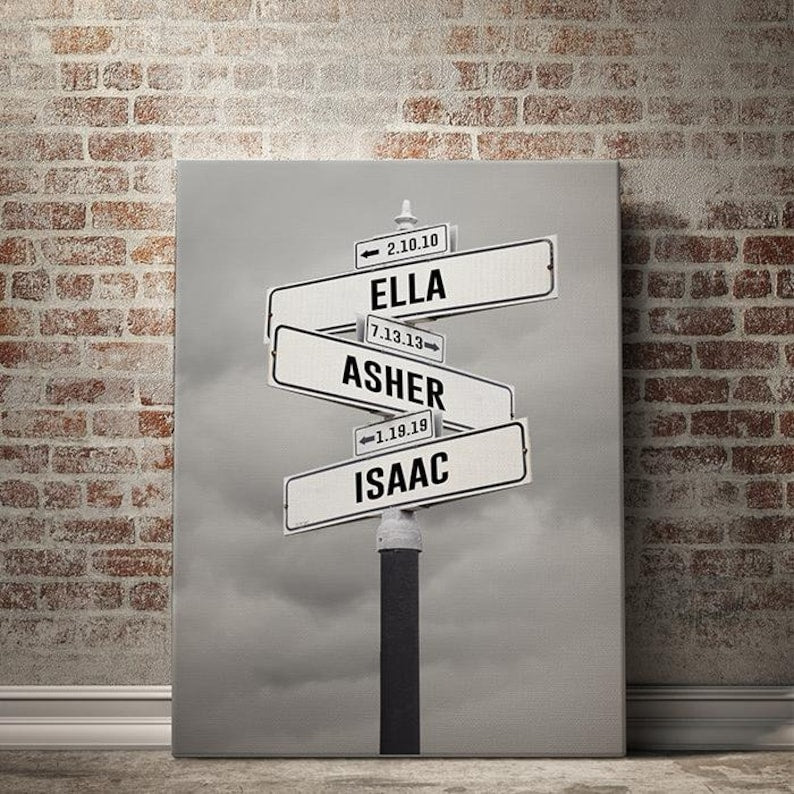 Personalized Street Sign Family Name Canvas, Perfect Mothers Day Gifts, Gifts For Wife, Mom From Daughter, Gift w Kids Birth Dates & Names
