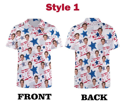 Custom Polo Shirt for Men, Personalized Short Sleeve Golf Shirt with Picture Logo Face Photo US Flag Printed Polo Shirt Independence Day