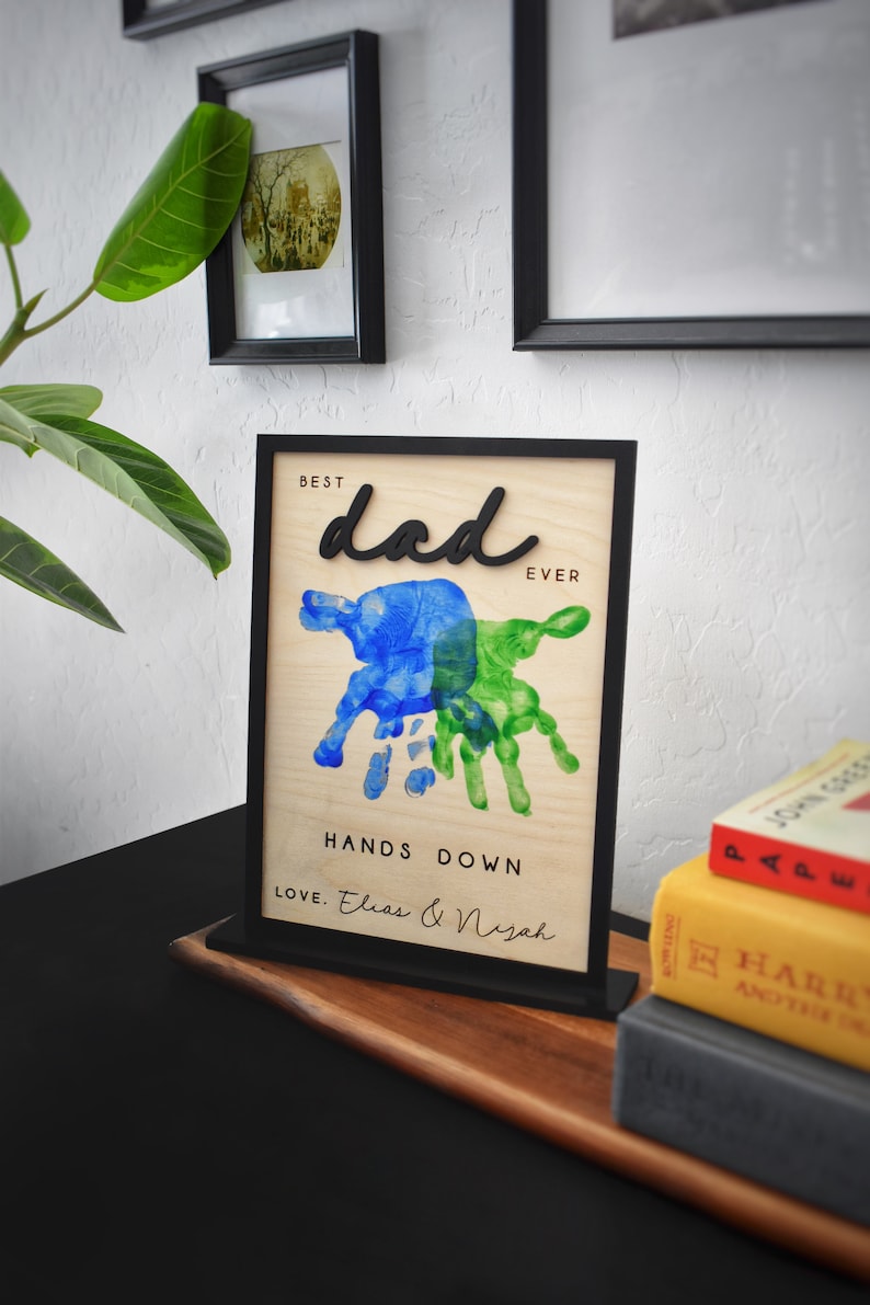 Hands Down Best Dad Ever, Personalized Engraved Wooden Sign, Celebrate Dad with Handprints and Custom Message, Handmade Fathers Day Gift
