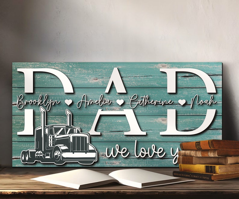 Custom Truck Driver Dad Kids Name Wood Sign Personalized Woodence Father Day Papa Grandpa Trucker Gift Farmhoouse Home Wooden Wall Decor