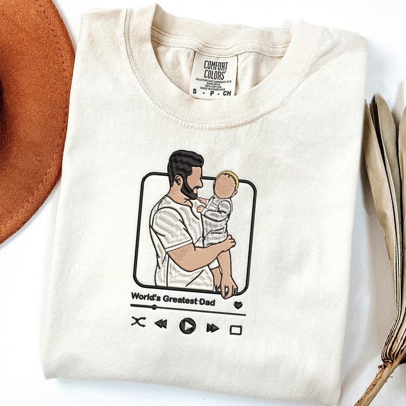 Custom Embroidered Family Portrait Shirt - Father's Day Gift - Personalized Dad Shirt - Embroidered Photo Shirt - Comfort Color Music Shirt