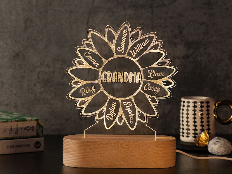 Sunflower Nightlight, Gift for Grandma, Gift for Mom, Gift for Nana, Sunflower Personalized Custom Kids Grandkids Names, Gifts for Her
