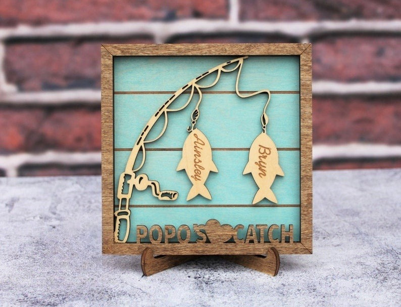 Personalized Fish Name Sign Hooked on Dad/Grandpa/Papa, Fishing Father's Day Gift for Him, Grandkids Christmas Present, Fisherman Family