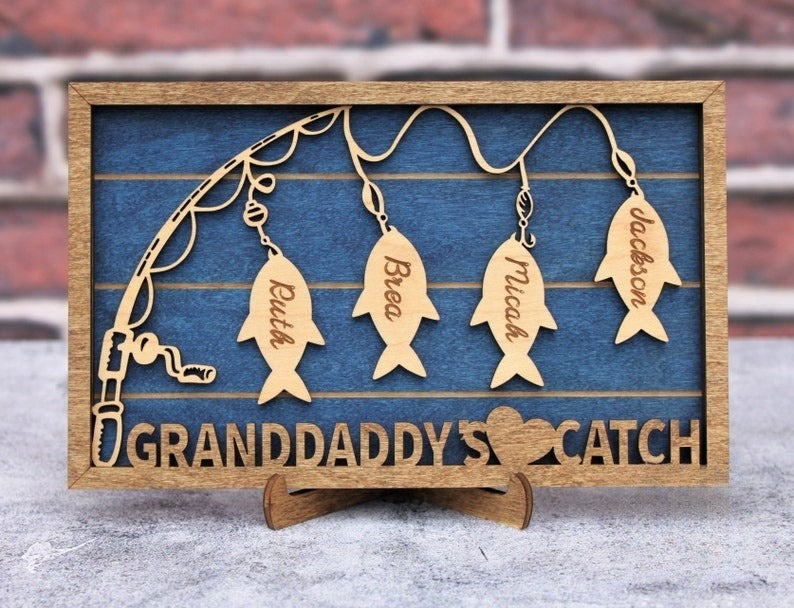 Personalized Fish Name Sign Hooked on Dad/Grandpa/Papa, Fishing Father's Day Gift for Him, Grandkids Christmas Present, Fisherman Family