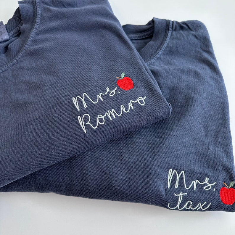 Comfort Colors Custom Embroidered Teacher Name Embroidered Short Sleeve Shirt - School Colors - Teacher Gift - Teacher Appreciation - Apple il_794xN.4932492179_ojob_a186de2b-df77-4425-ae2f-a1bb84bb260b.jpg