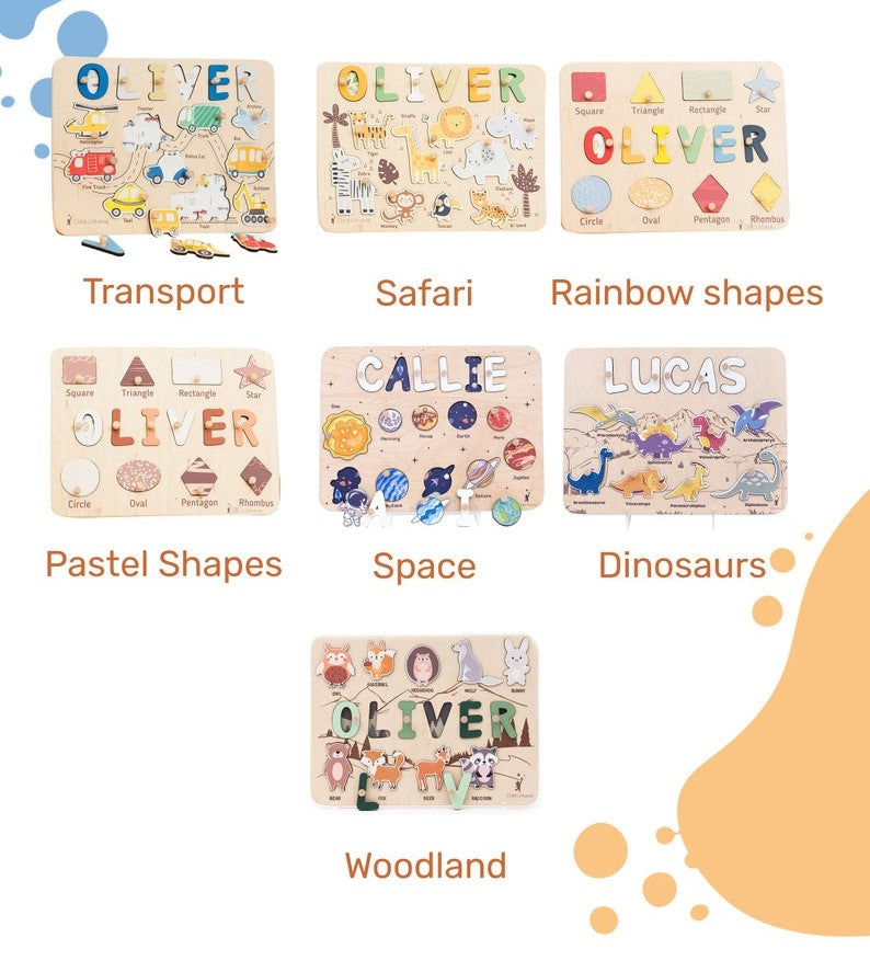 Name Puzzle Board, Forest Animal Puzzle, Baby Gift Personalized, Toddler Toys 1, 2, 3 Year Old, Birthday Gift for Kids, Woodland Nursery