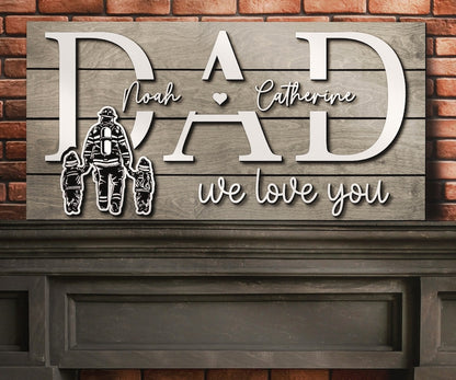 Custom Firefighter Dad Kids Name Wood Sign Personalized Wooden Father Day Gift Papa Grandpa Fireman Fire Department Farmhoouse Home Decor