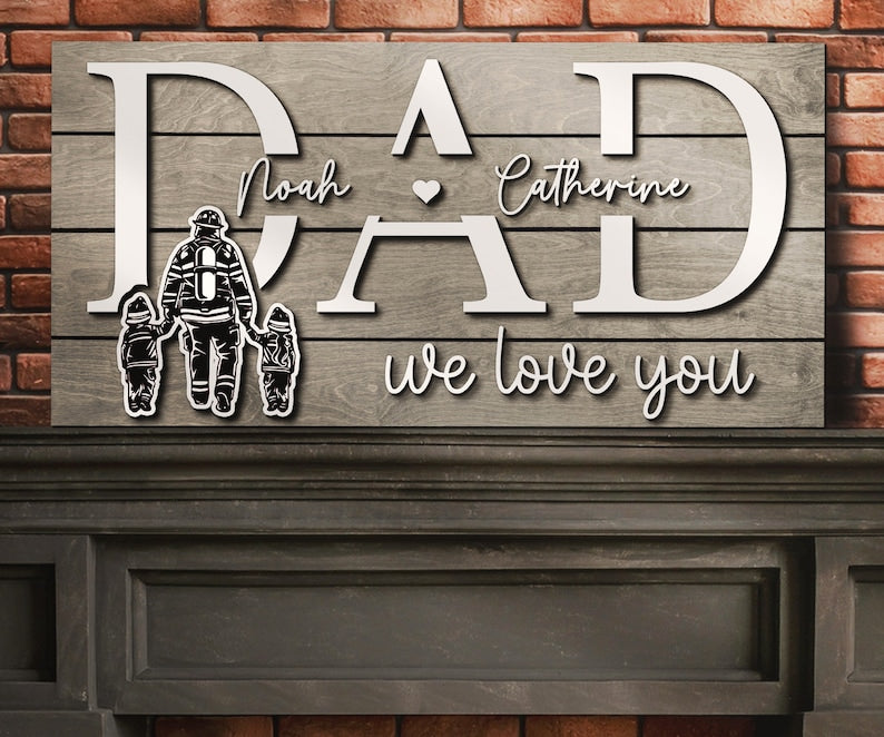 Custom Firefighter Dad Kids Name Wood Sign Personalized Wooden Father Day Gift Papa Grandpa Fireman Fire Department Farmhoouse Home Decor