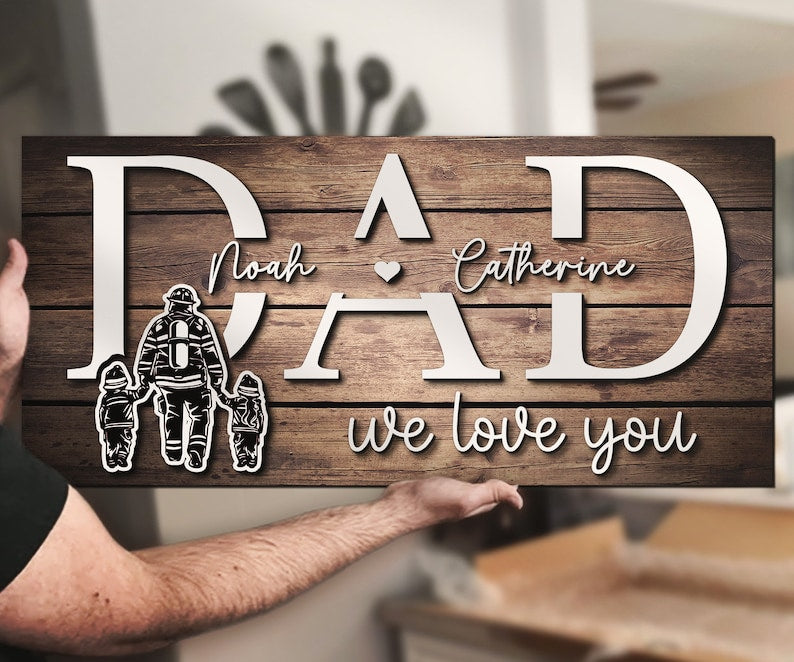 Custom Firefighter Dad Kids Name Wood Sign Personalized Wooden Father Day Gift Papa Grandpa Fireman Fire Department Farmhoouse Home Decor
