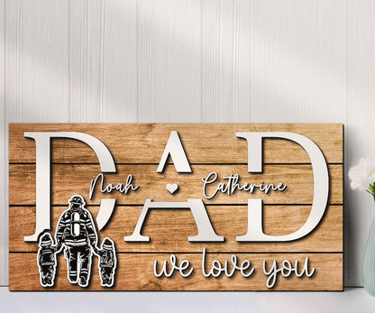 Custom Firefighter Dad Kids Name Wood Sign Personalized Wooden Father Day Gift Papa Grandpa Fireman Fire Department Farmhoouse Home Decor