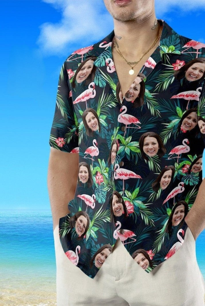Men's All Over Print Hawaiian Shirt with Face, Custom photo Flamingo Shirts, Bachelor Party Shirts, Stag do Shirts Women Kids Shirts