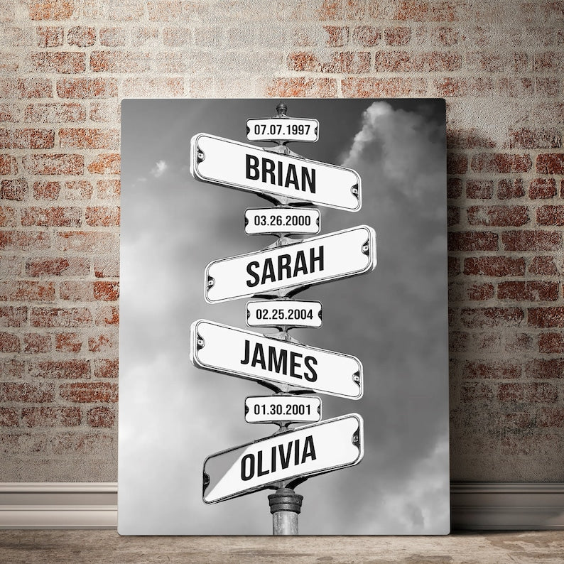 Personalized Family Names Street Sign Date of Birth Canvas, Street Sign Multi-names Canvas Father's Day Gift