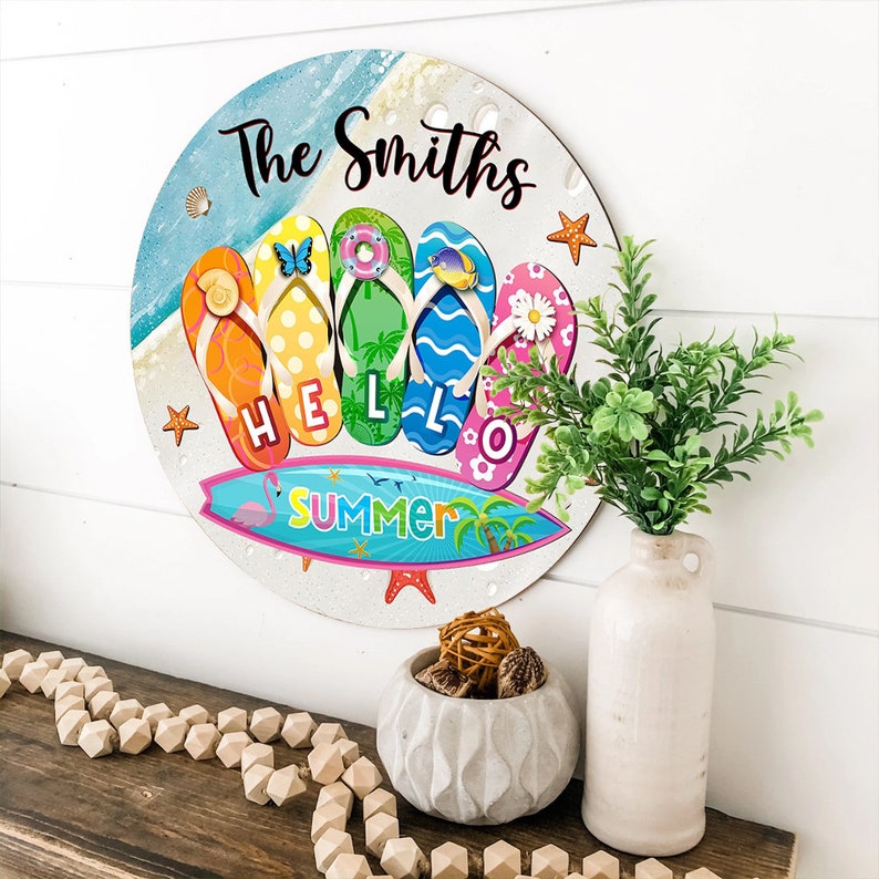 Custom Hello Summer Flip Flop Wooden Sign, Welcome Pool Sign, Summer Porch Sign, Custom Rustic Wall Sign, Indoor Outdoor Garden Decoration