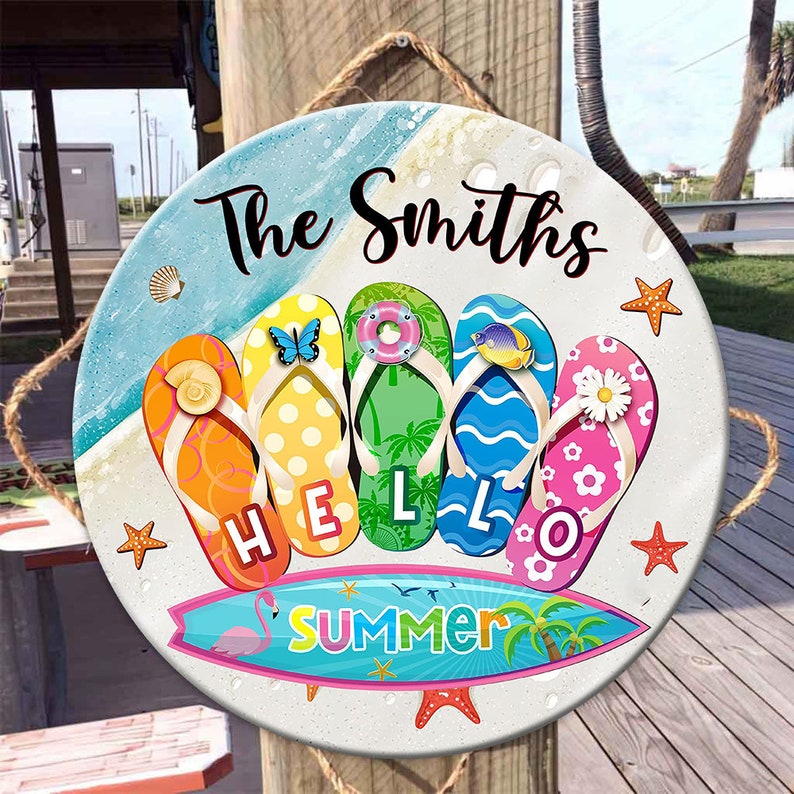 Custom Hello Summer Flip Flop Wooden Sign, Welcome Pool Sign, Summer Porch Sign, Custom Rustic Wall Sign, Indoor Outdoor Garden Decoration