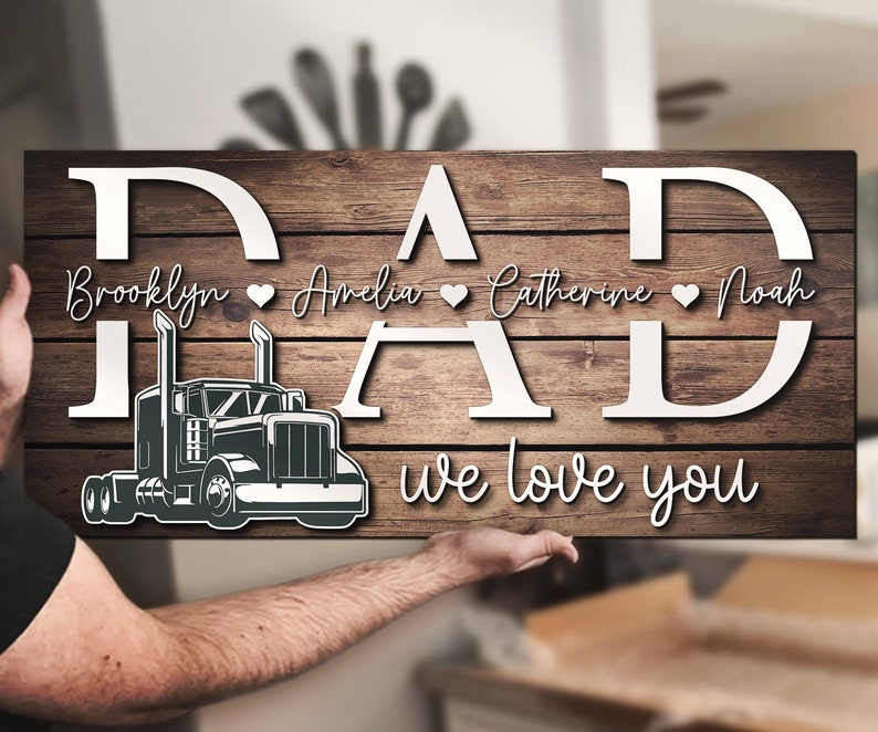 Custom Truck Driver Dad Kids Name Wood Sign Personalized Woodence Father Day Papa Grandpa Trucker Gift Farmhoouse Home Wooden Wall Decor