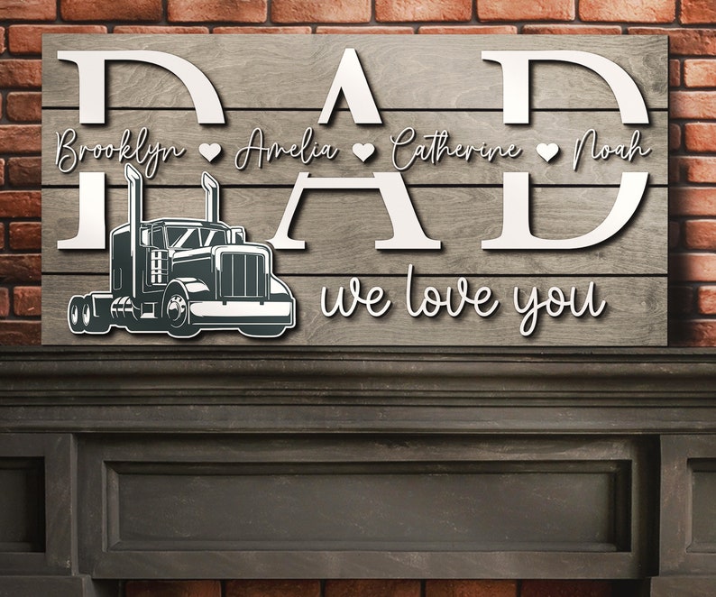 Custom Truck Driver Dad Kids Name Wood Sign Personalized Woodence Father Day Papa Grandpa Trucker Gift Farmhoouse Home Wooden Wall Decor