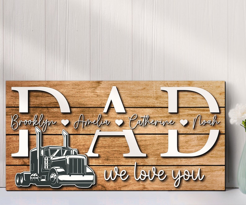 Custom Truck Driver Dad Kids Name Wood Sign Personalized Woodence Father Day Papa Grandpa Trucker Gift Farmhoouse Home Wooden Wall Decor