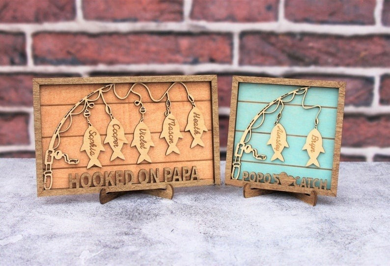 Personalized Fish Name Sign Hooked on Dad/Grandpa/Papa, Fishing Father's Day Gift for Him, Grandkids Christmas Present, Fisherman Family