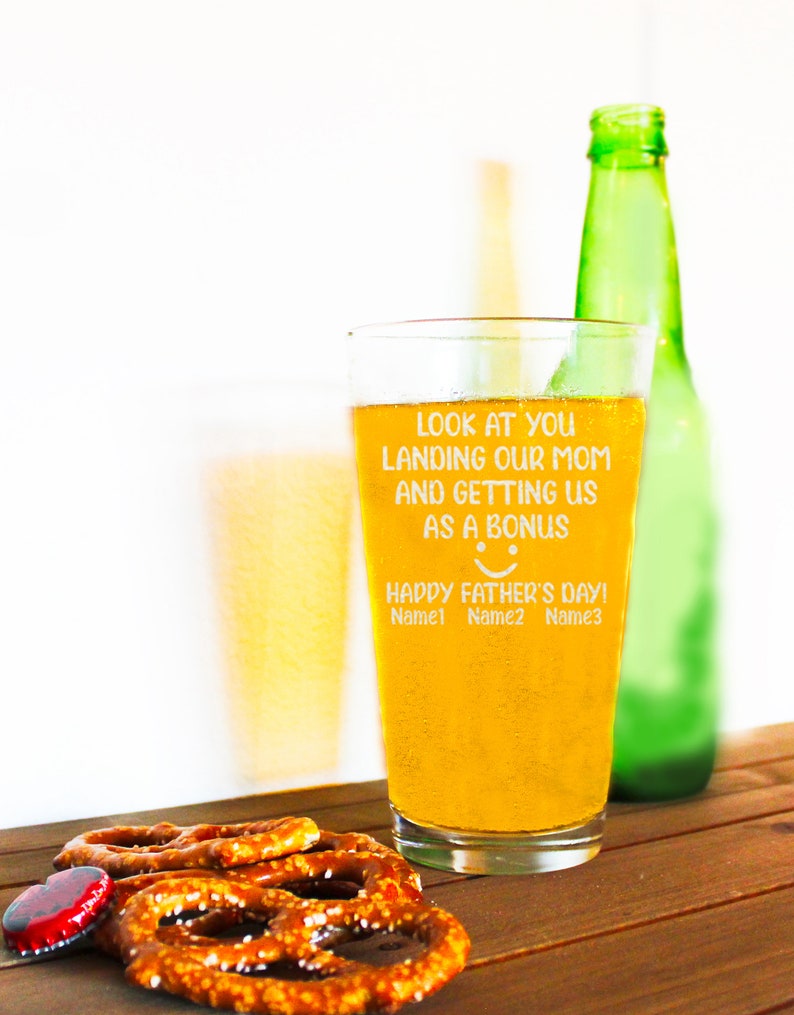 Look At You Landing Our Mom And Getting Us As A Bonus Personalized Beer Pint, Funny Step Dad Father's Day Gift, Special For Best Stepfather