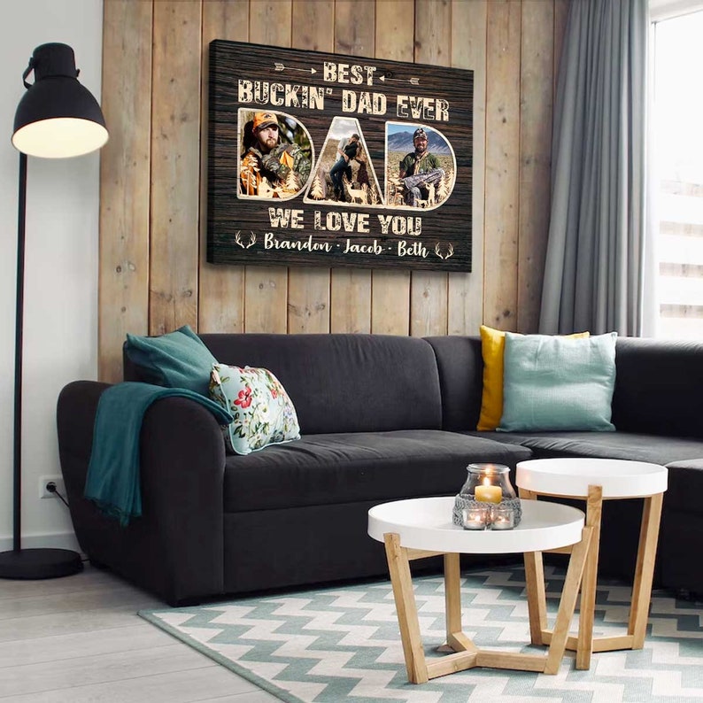 Hunting Dad Photo Canvas, Fathers Day Gifts For Hunter, Deer Hunting Gifts For Dad With Kids Names, Hunting Dad Signs, Best Buckin' Dad Ever