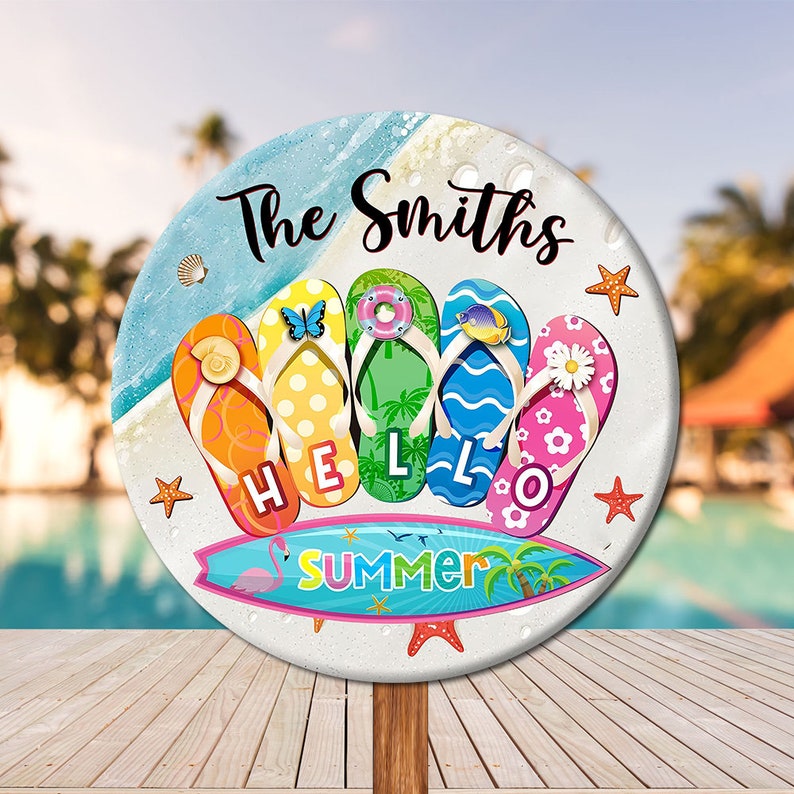 Custom Hello Summer Flip Flop Wooden Sign, Welcome Pool Sign, Summer Porch Sign, Custom Rustic Wall Sign, Indoor Outdoor Garden Decoration