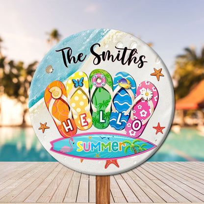 Custom Hello Summer Flip Flop Wooden Sign, Welcome Pool Sign, Summer Porch Sign, Custom Rustic Wall Sign, Indoor Outdoor Garden Decoration