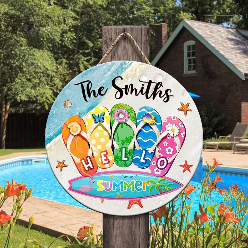 Custom Hello Summer Flip Flop Wooden Sign, Welcome Pool Sign, Summer Porch Sign, Custom Rustic Wall Sign, Indoor Outdoor Garden Decoration