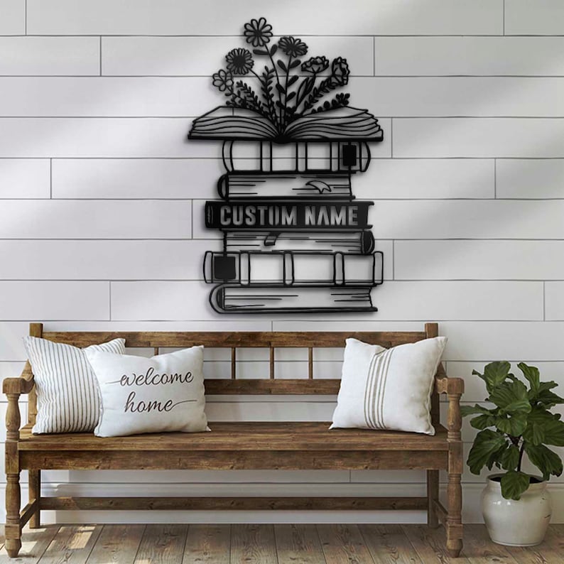 Custom Librarian Book Reading Metal Wall Art, Personalized Reader Name Sign Home Decor Read More Books Nerd Decoration Book Lover