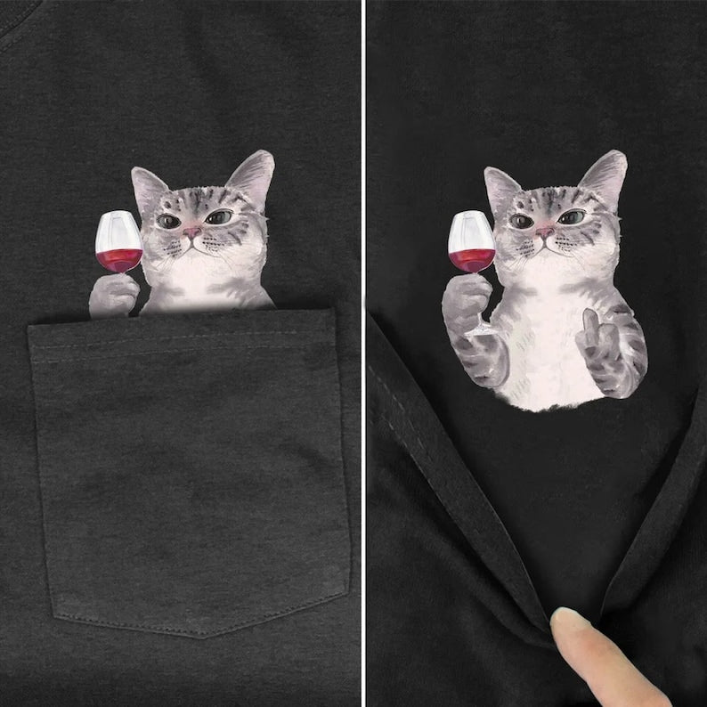 Funny Cat T-Shirt Side Pocket Hidden Middle Finger Signed Funny Cat Printed T-Shirt Perfect Gift Idea