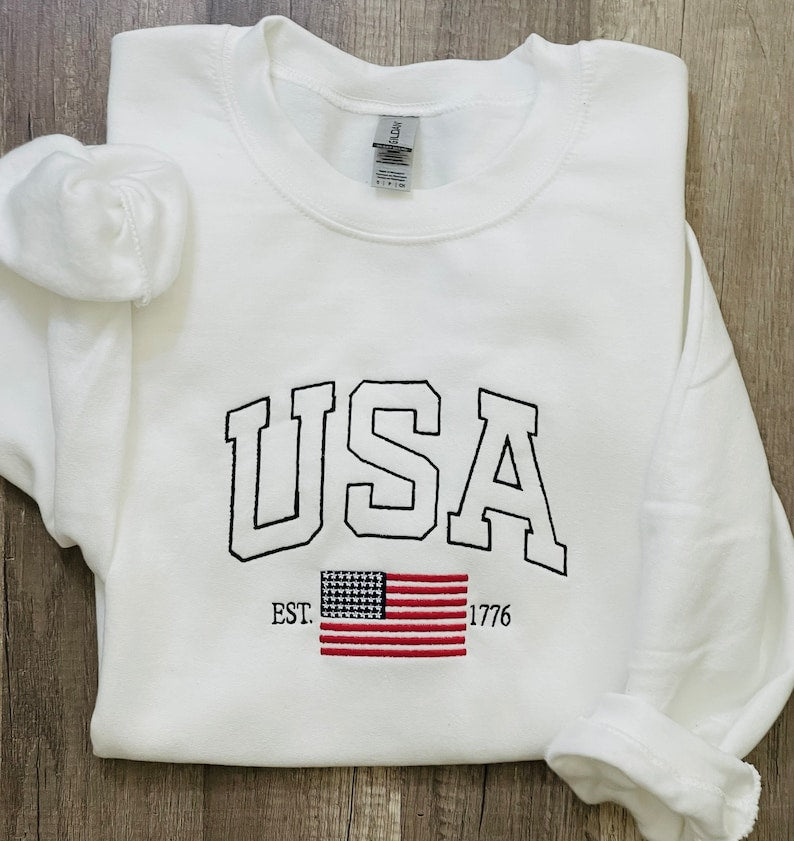 USA Flag embroidered sweatshirt, patriotic embroidered sweatshirt, American flag , gift for her