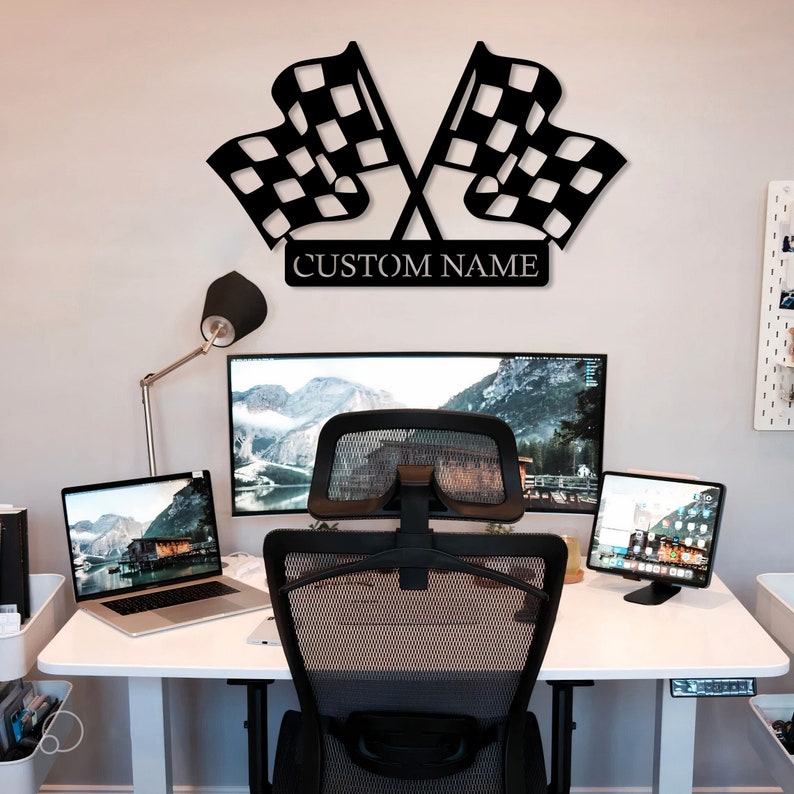 Custom Checkered Flag Racing Sign, Checkered Flag Monogram, Personalized Gift for Racer, Custom Finish Flag Name Sign, Racing Flag Metal Art