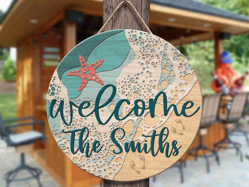 Personalized Summer Beach Round Wooden Sign, Coastal Welcome Sign, Ocean Ave Sign, Nautical Sign for Door, Deck Sign, Door Wreaths Beach