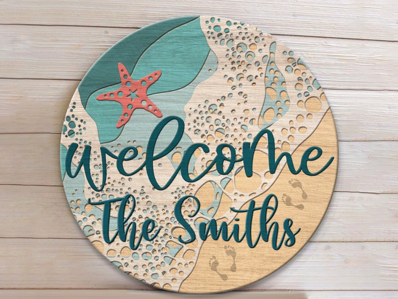 Personalized Summer Beach Round Wooden Sign, Coastal Welcome Sign, Ocean Ave Sign, Nautical Sign for Door, Deck Sign, Door Wreaths Beach