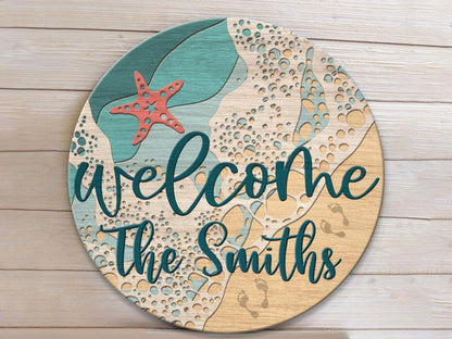Personalized Summer Beach Round Wooden Sign, Coastal Welcome Sign, Ocean Ave Sign, Nautical Sign for Door, Deck Sign, Door Wreaths Beach