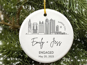 Engagement Ornament Personalized City Skyline Just Engaged Gift, Cities Christmas Ornaments 1st Xmas Engaged Couples Ornament Gay Engagement