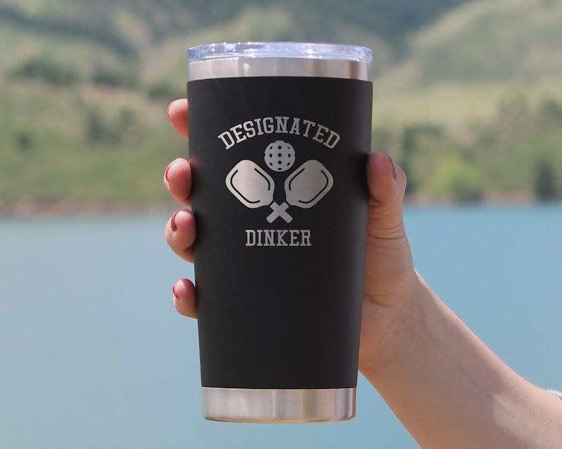 Designated Dinker - Insulated Coffee Tumbler Cup with Sliding Lid - Stainless Steel Insulated Mug - Funny Pickleball Themed Gifts and Decor