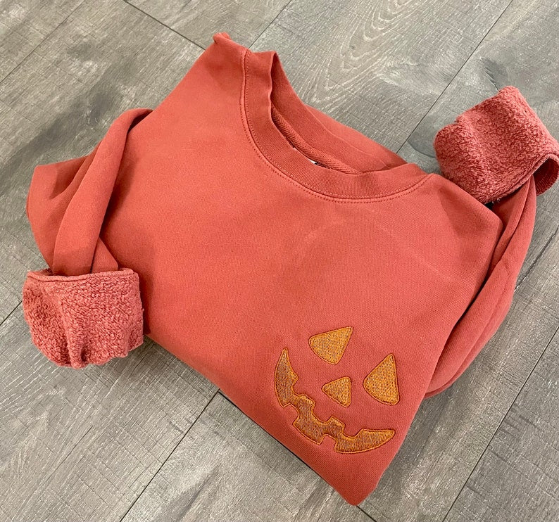Halloween Pumpkin Face Crewneck Sweatshirt, Embroidered Jackolantern Pullover, Tonal Spooky Season Sweater, Trendy Fall Apparel, Unisex