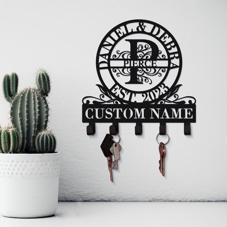 Monogram Key Holder Personalized Name with 5 Hooks, Metal Key Holder for Wall, Monogram Wall Decor, Family Key Holder, Wall Mounted Key Rack