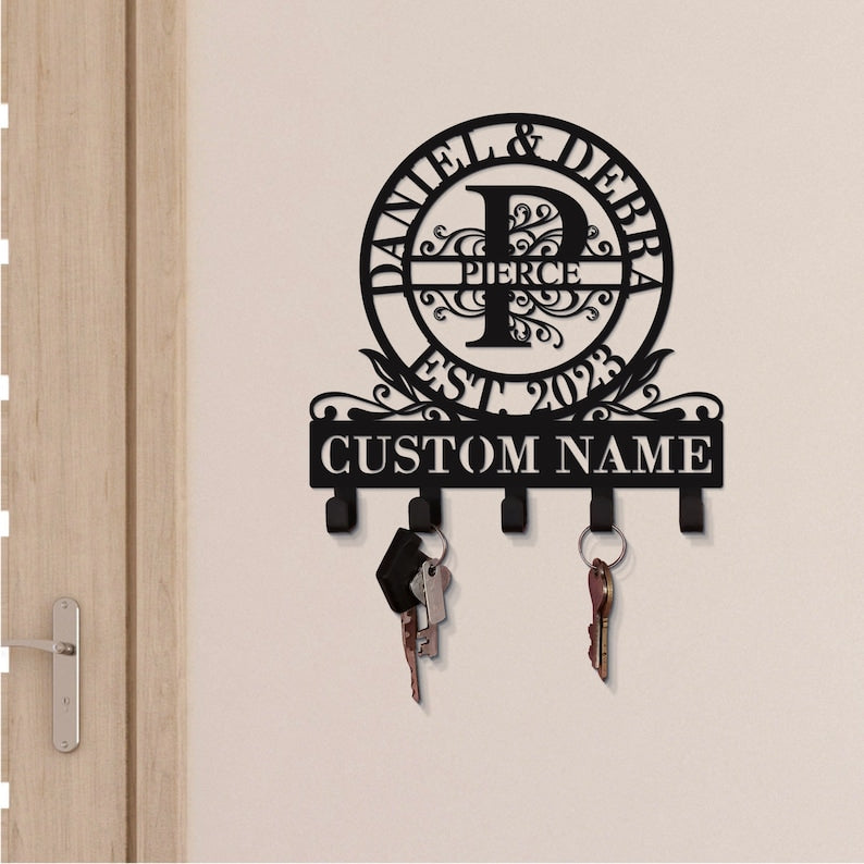 Monogram Key Holder Personalized Name with 5 Hooks, Metal Key Holder for Wall, Monogram Wall Decor, Family Key Holder, Wall Mounted Key Rack