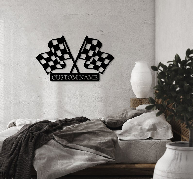 Custom Checkered Flag Racing Sign, Checkered Flag Monogram, Personalized Gift for Racer, Custom Finish Flag Name Sign, Racing Flag Metal Art