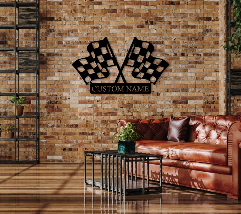 Custom Checkered Flag Racing Sign, Checkered Flag Monogram, Personalized Gift for Racer, Custom Finish Flag Name Sign, Racing Flag Metal Art