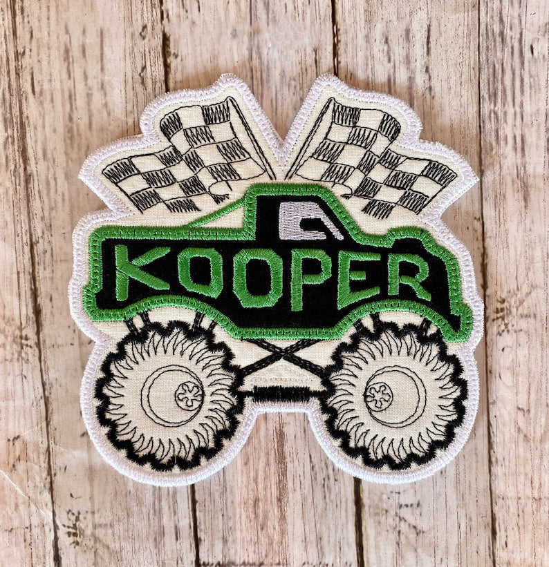 Monster Truck Race Car Checkered Flag Personalized Iron On Patch Embroidered Applique Custom Name Tag il_794xN.5088926082_c47b.jpg