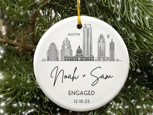 Engagement Ornament Personalized City Skyline Just Engaged Gift, Cities Christmas Ornaments 1st Xmas Engaged Couples Ornament Gay Engagement