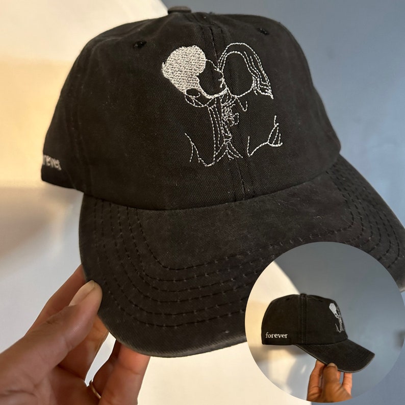 Line Art Portrait Embroidered with Roman Numerals Date on Dad Hat | Couples Embroidery Couples Hat | Couples Hat | Gifts for Her | Gifts for Him