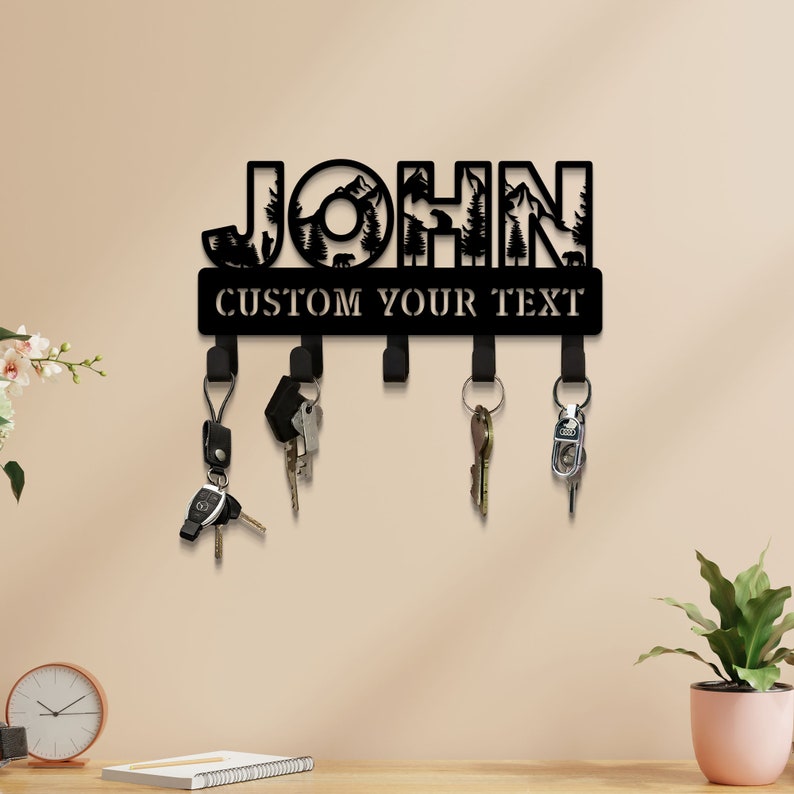 Custom Name Forest Bear Key Holder for Wall, Metal Key Holder, Custom Key Rack with Mountains, Wildlife Lover Gift, Wall Mounted Key Hooks
