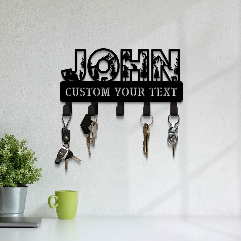 Custom Name Forest Bear Key Holder for Wall, Metal Key Holder, Custom Key Rack with Mountains, Wildlife Lover Gift, Wall Mounted Key Hooks