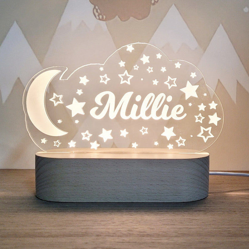 Custom Night Light, Moon & Stars Butterfly Or Rainbow For Kids Room Decor, Personalize With Your Name