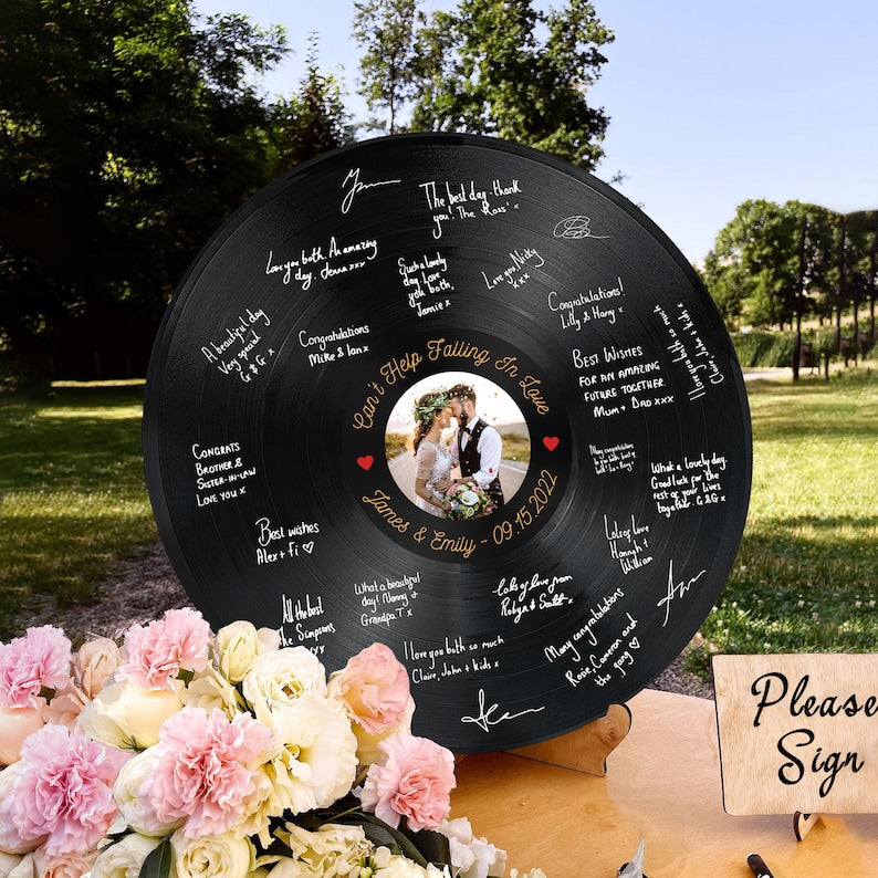 Personalized Wedding Guest Book Alternative, Custom Record Guestbook Vinyl with Easel And Jute Rope, Custom Family Name, Song and Lyrics