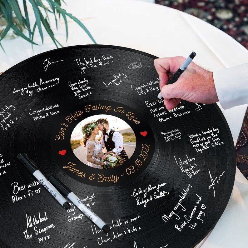 Personalized Wedding Guest Book Alternative, Custom Record Guestbook Vinyl with Easel And Jute Rope, Custom Family Name, Song and Lyrics